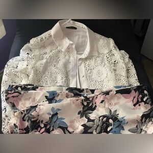 White lace shirt with floral wide leg pants